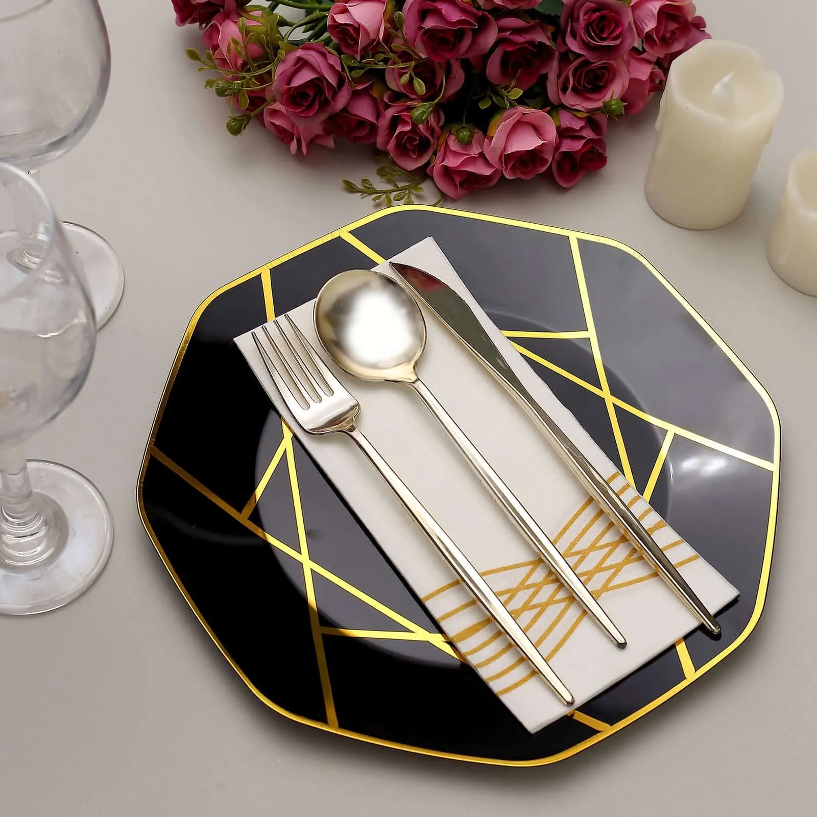 10 Pack 10" Black Gold Geometric Design Disposable Dinner Plates, Plastic Octagon Party Plates