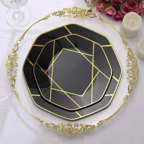 10 Pack 10" Black Gold Geometric Design Disposable Dinner Plates, Plastic Octagon Party Plates