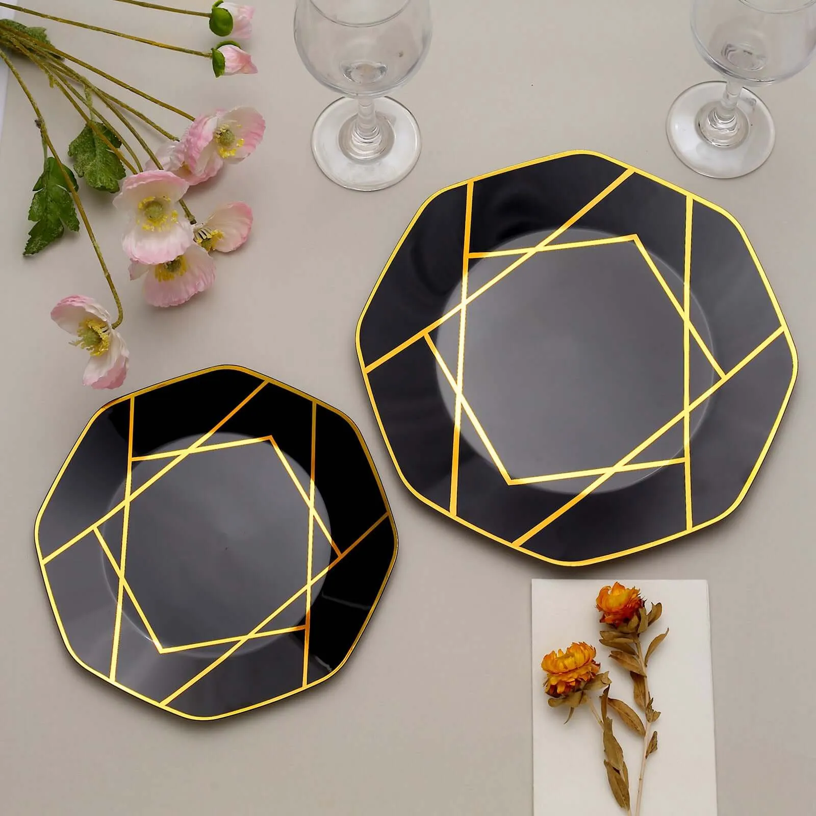 10 Pack 10" Black Gold Geometric Design Disposable Dinner Plates, Plastic Octagon Party Plates