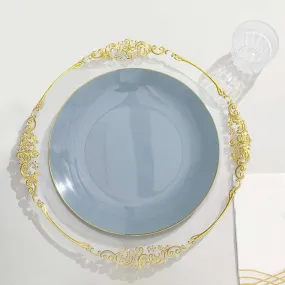 10 Pack 10" Glossy Dusty Blue Round Disposable Dinner Plates With Gold Rim, Plastic Party Plates