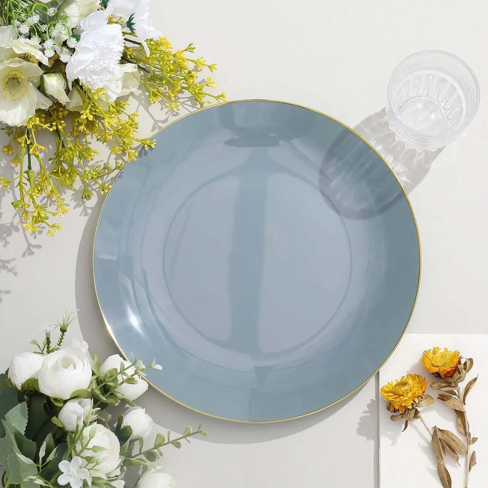 10 Pack 10" Glossy Dusty Blue Round Disposable Dinner Plates With Gold Rim, Plastic Party Plates