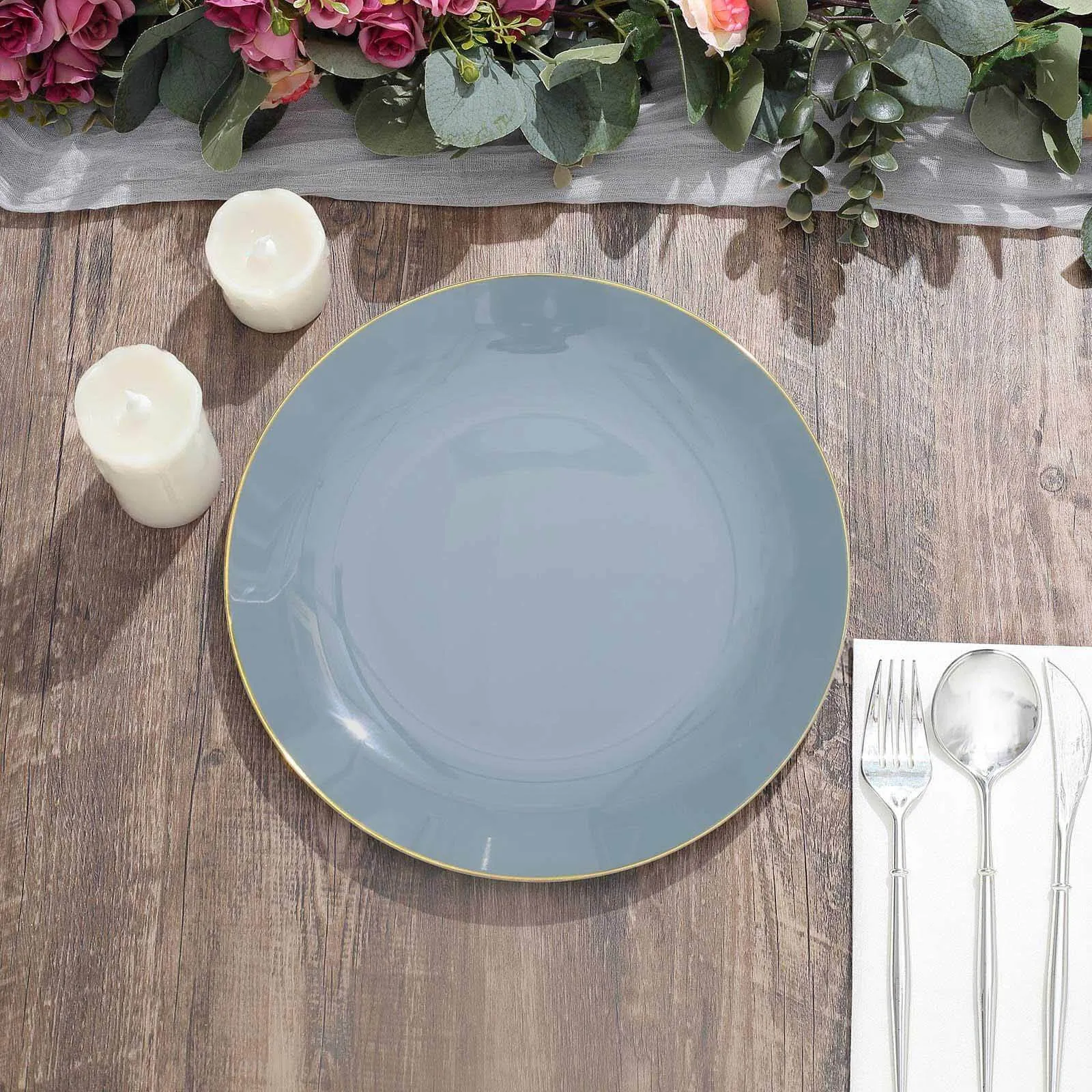 10 Pack 10" Glossy Dusty Blue Round Disposable Dinner Plates With Gold Rim, Plastic Party Plates