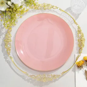 10 Pack 10" Glossy Dusty Rose Round Disposable Dinner Plates With Gold Rim, Plastic Party Plates