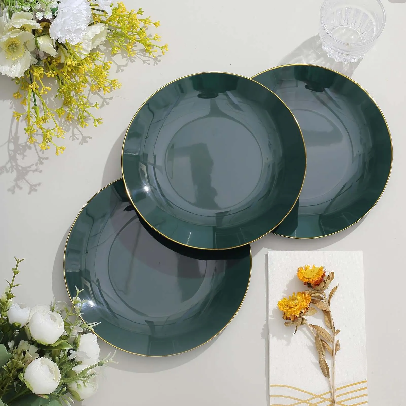 10 Pack 8" Glossy Hunter Emerald Green Round Plastic Salad Plates With Gold Rim, Disposable Appetizer Dessert Party Plates