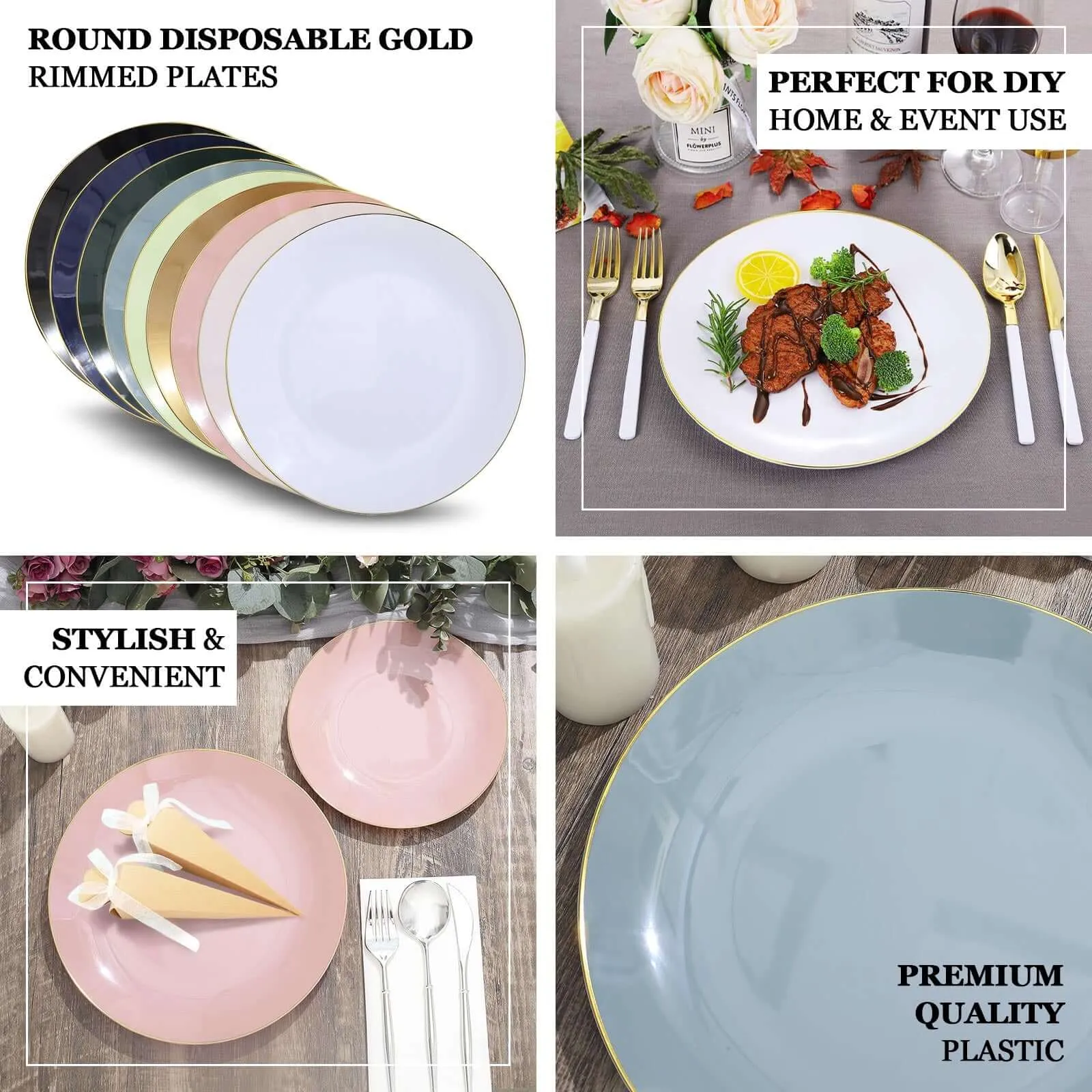 10 Pack 8" Glossy Hunter Emerald Green Round Plastic Salad Plates With Gold Rim, Disposable Appetizer Dessert Party Plates