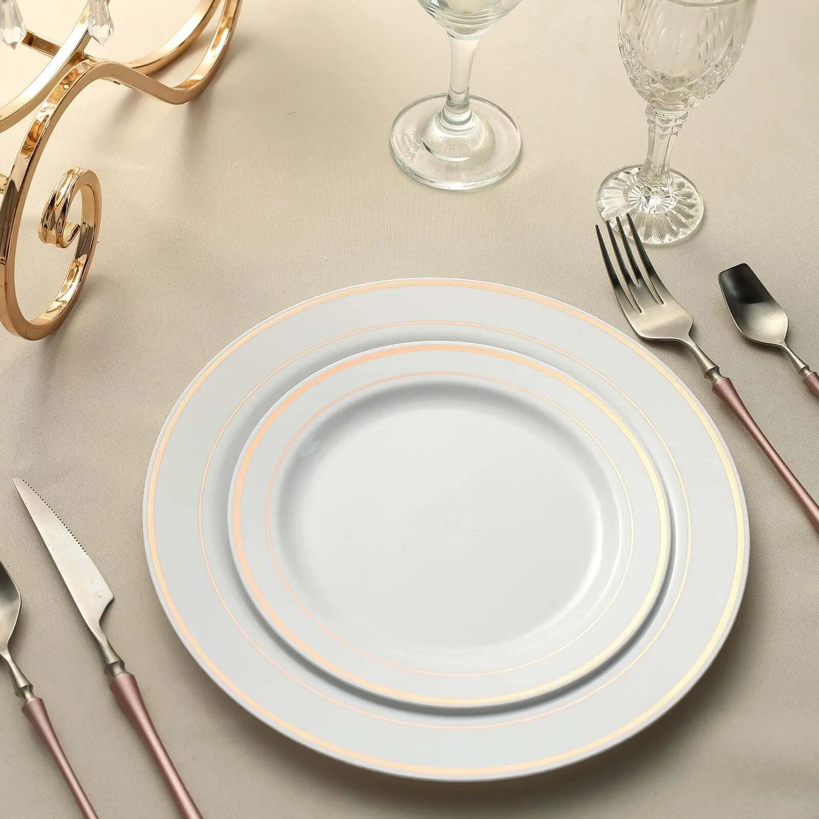 10 Pack 8" Très Chic Rose Gold Rim White Disposable Salad Plates, Plastic Dessert Appetizer Plates