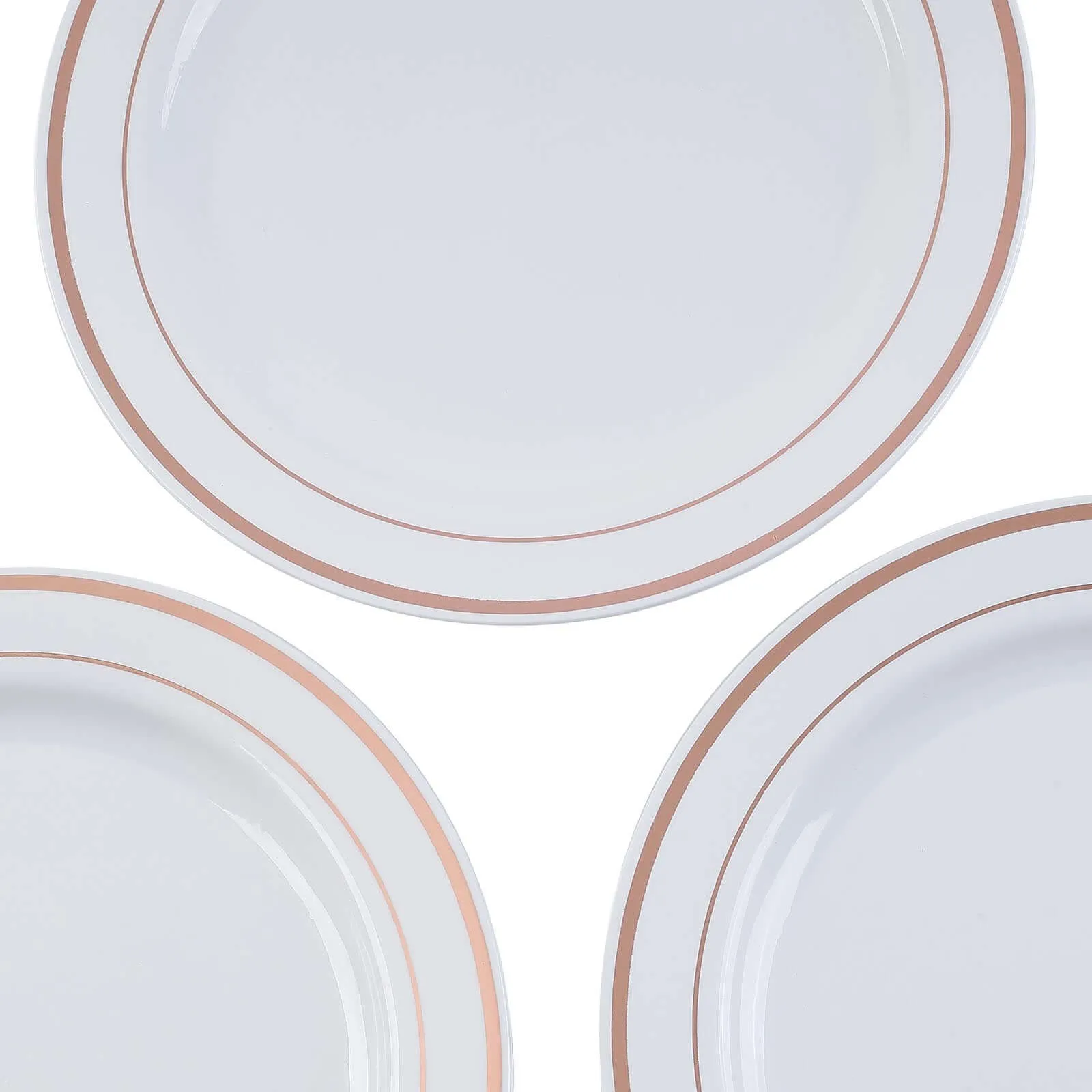 10 Pack 8" Très Chic Rose Gold Rim White Disposable Salad Plates, Plastic Dessert Appetizer Plates