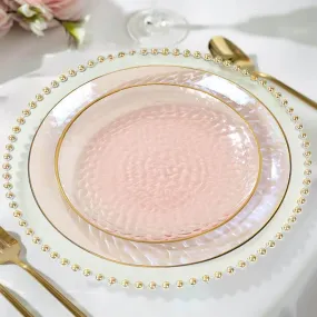 10 Pack Transparent Blush Hammered Plastic Salad Plates with Gold Rim, 7" Round Disposable Appetizer Dessert Plates