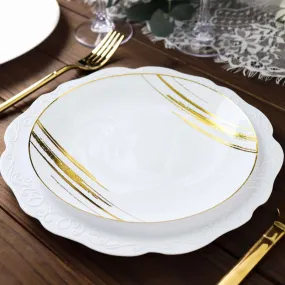 10 Pack White and Gold Brush Stroked 7" Round Plastic Dessert Plates, Disposable Appetizer Salad Party Plates