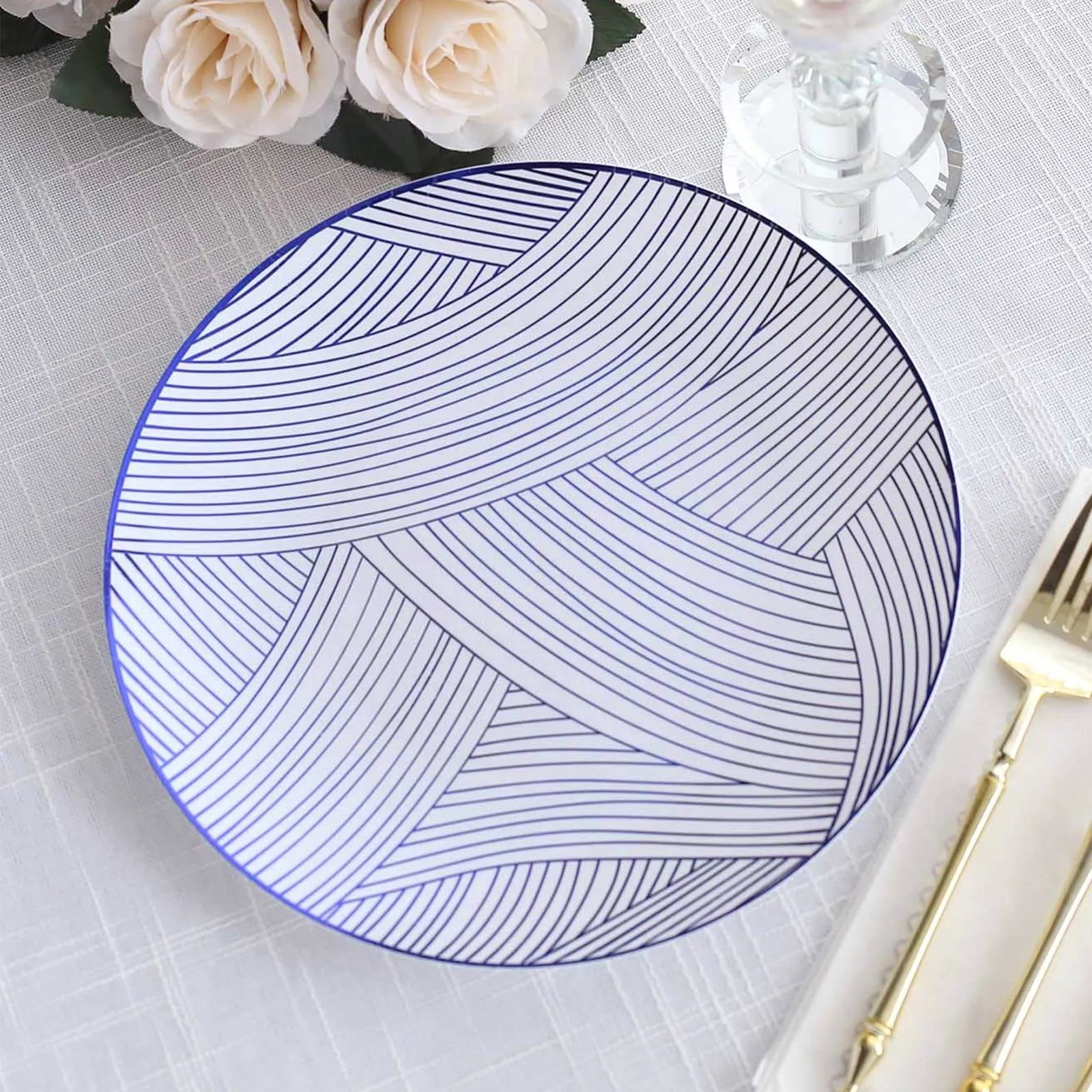 10 Pack White Blue Wave Brush Stroked Disposable Party Plates, Round Plastic Dinner Plates - 10"