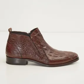 Alligator Embossed Leather Demi Boots -  Brown