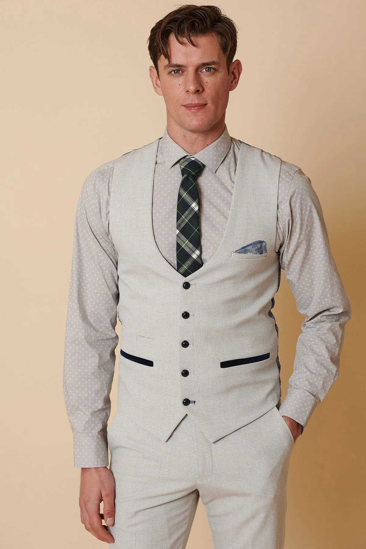 BROMLEY - Stone Check Three Piece Suit