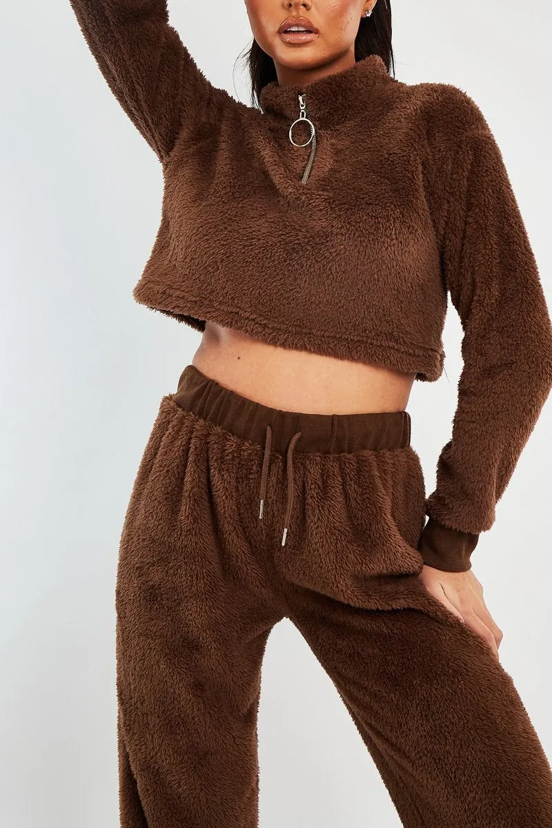 Chocolate Cropped Zip Front Teddy Jumper - Brady