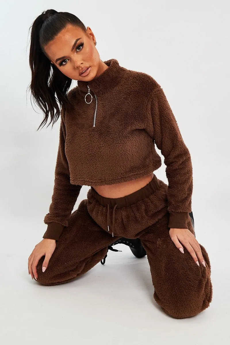 Chocolate Cropped Zip Front Teddy Jumper - Brady