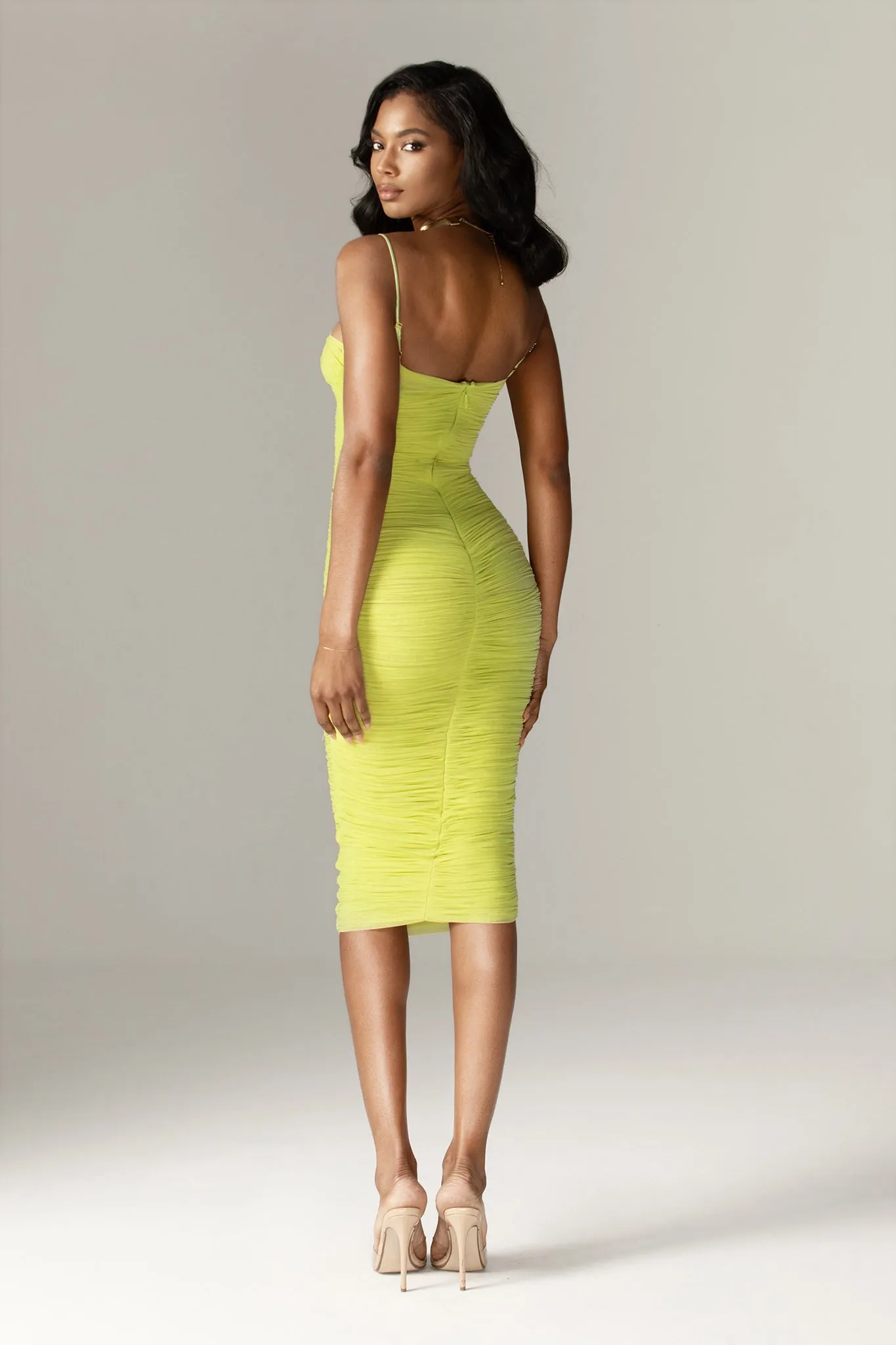 Justina Ruched Organza Mesh Midi Dress (Lime)