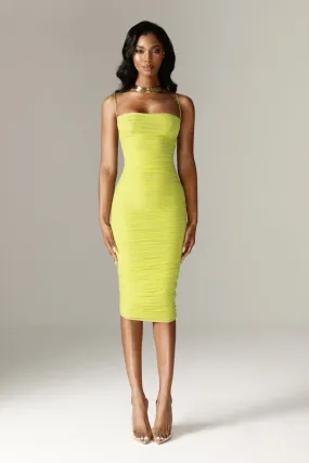 Justina Ruched Organza Mesh Midi Dress (Lime)