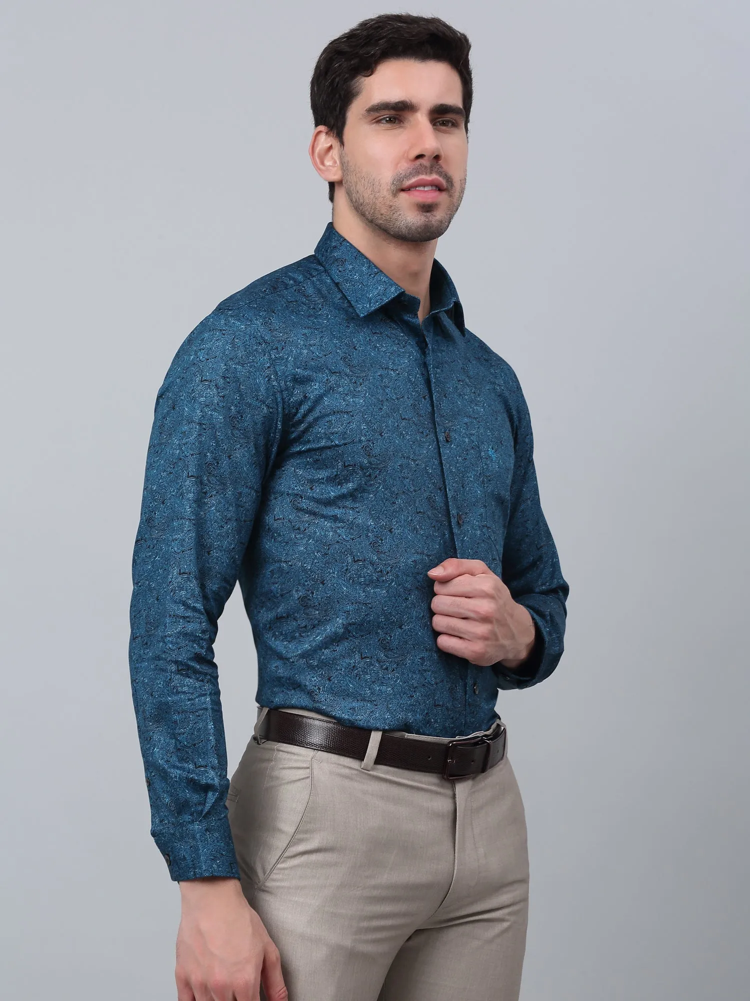 Men's Blue Party Paisley Print Full Sleeve Shirt