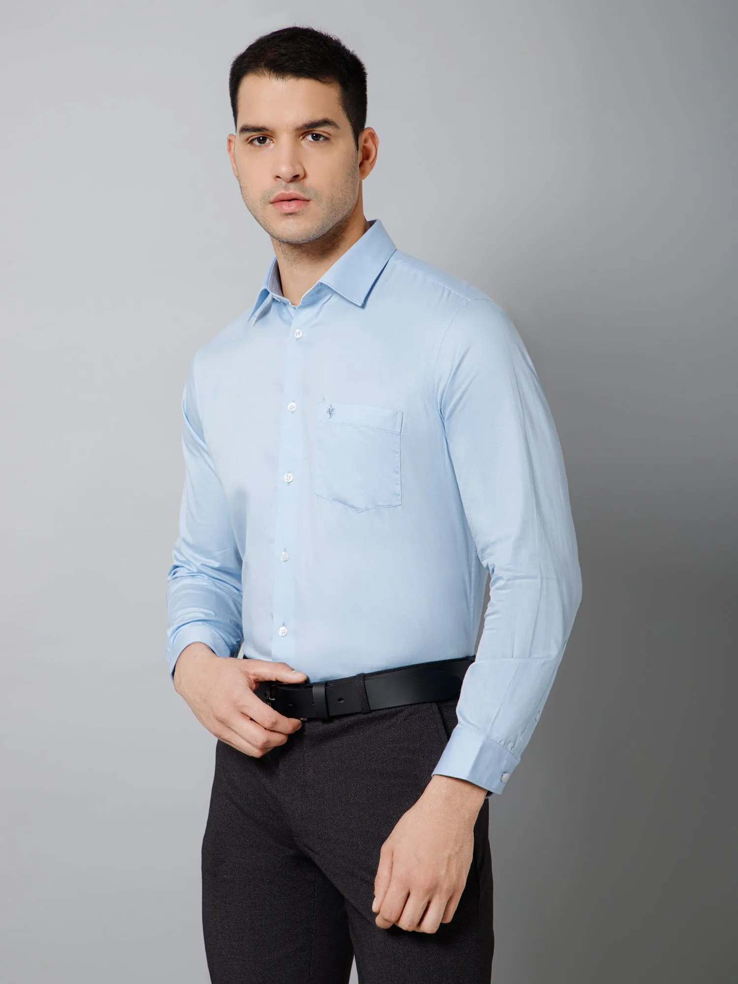 Men's Light Blue Party Plain Full Sleeve Shirt