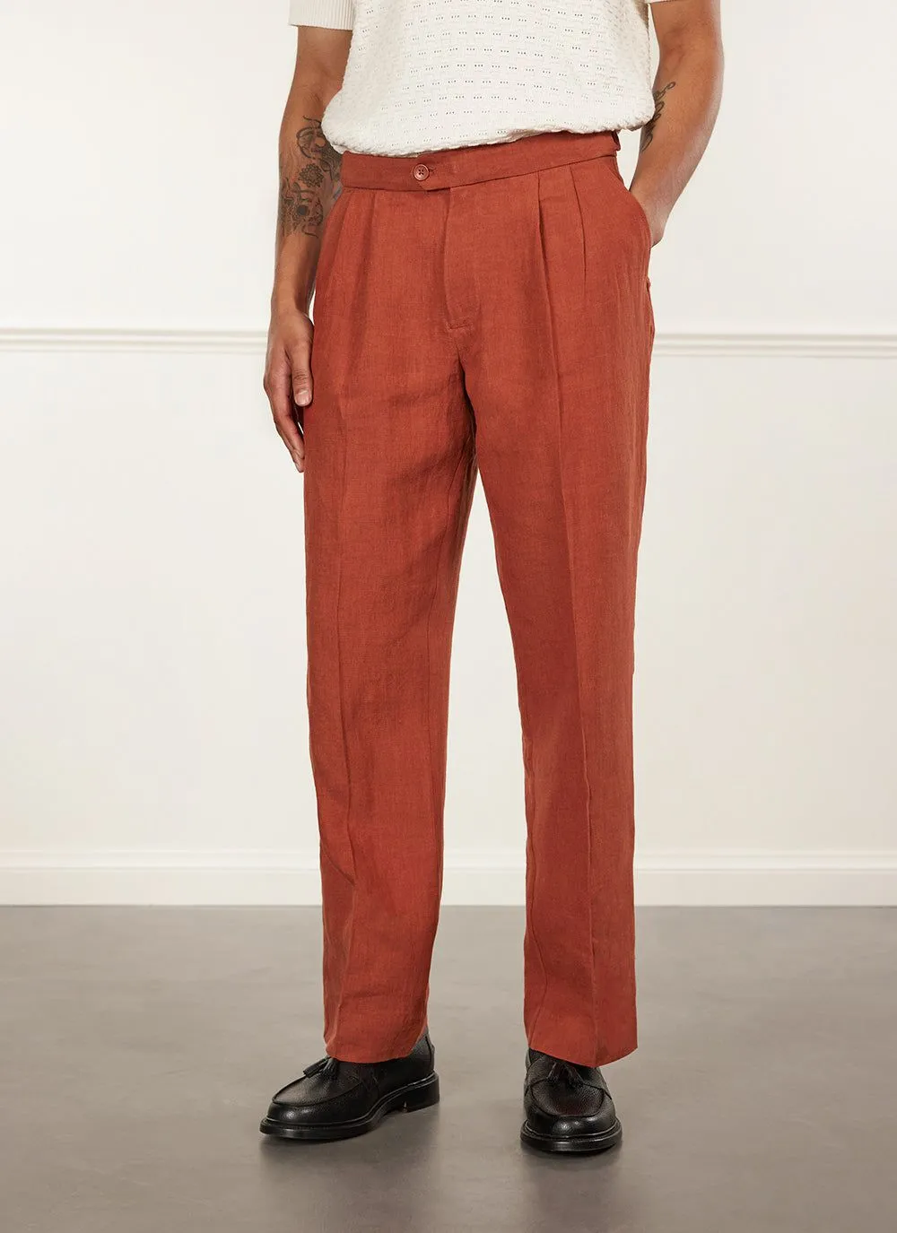 Pleated Tailored Trousers | Linen | Rust