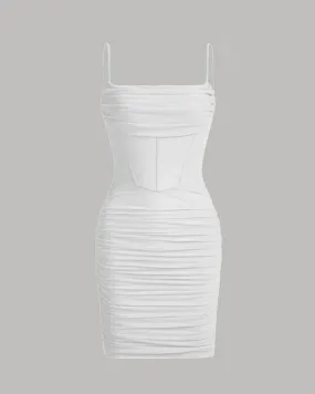 Ruched Mesh Cami Summer Short Bodycon Dress In White